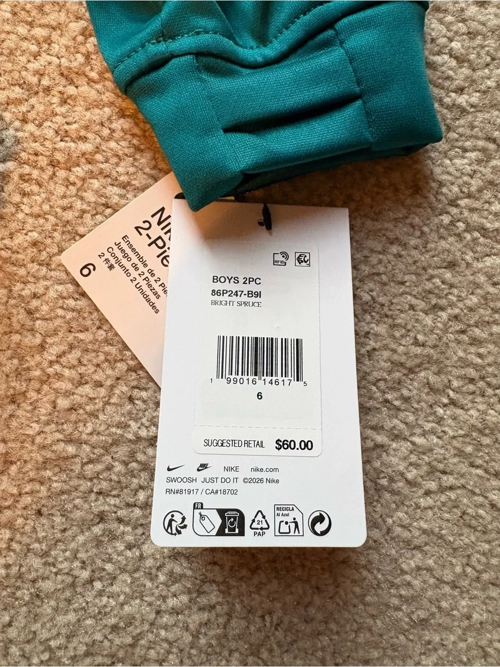 Nike Kids Boys Girls Teal Hoodie & Jogger sweatpants Set size 6 NWT